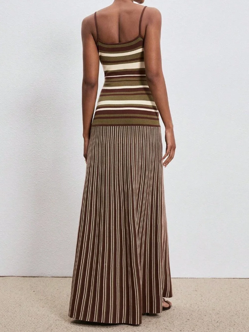 Olive Green Casual Striped Women's Camisole Dress with Beaded Shoulder Straps - Picture 5 of 6